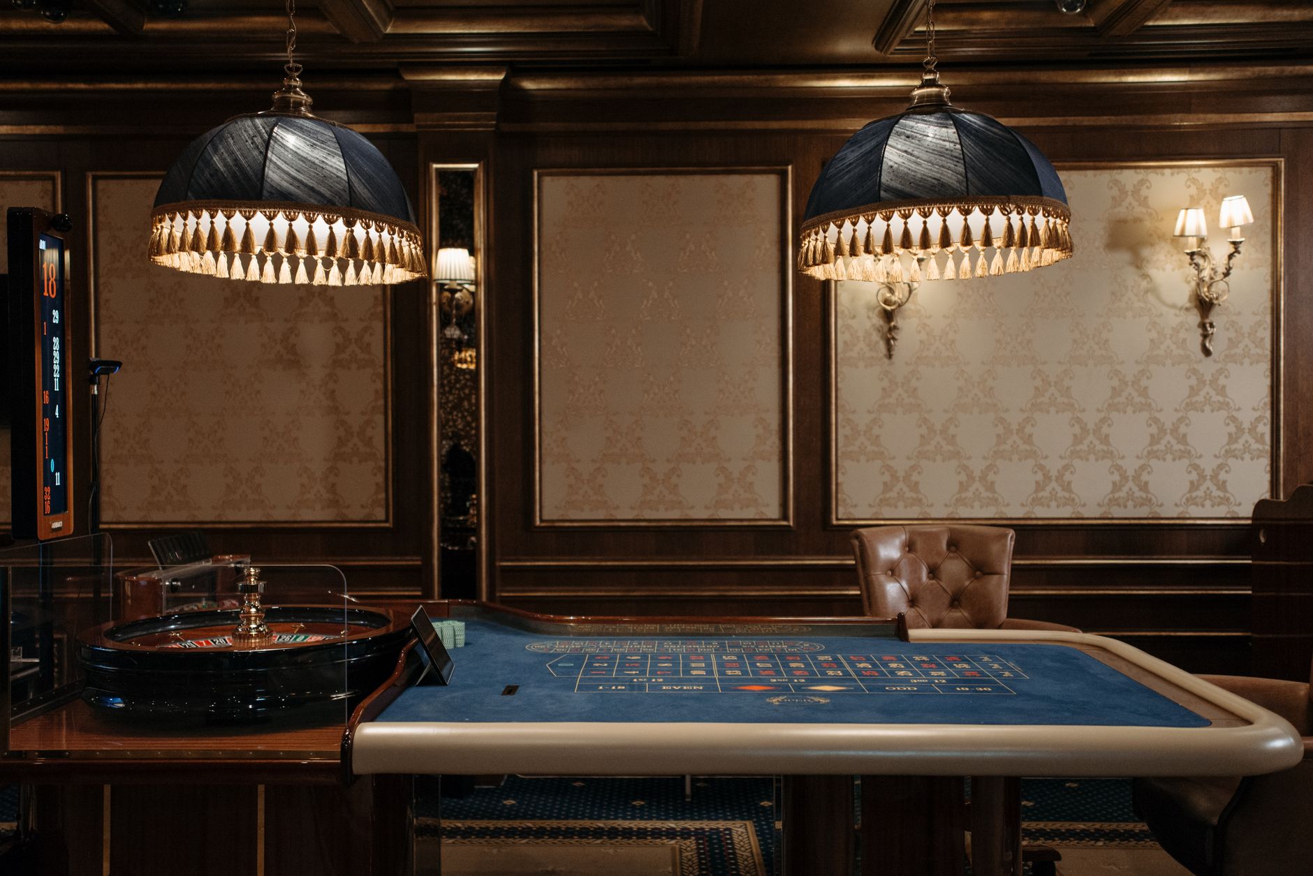 Sala da gioco con un grande tavolo sotto lampade basse